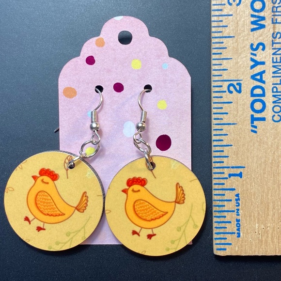 Chicken Yellow Round Dangle Pierced Earrings - Picture 3 of 3